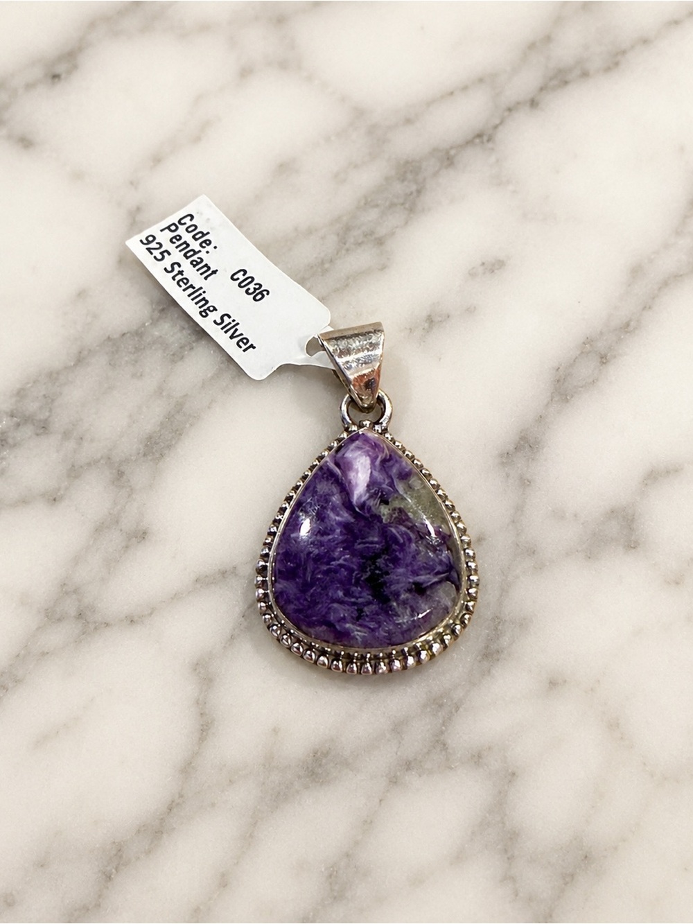 Charoite Sterling Silver Teardrop Pendant | 925 Silver | Natural Purple Gemstone